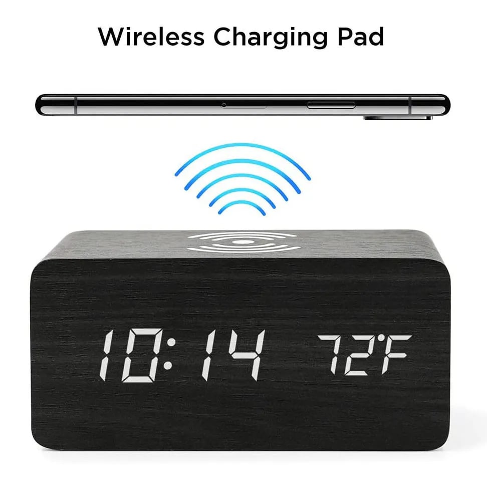 Wooden Phone Charger & Digital LED Alarm Clock in Black Wood