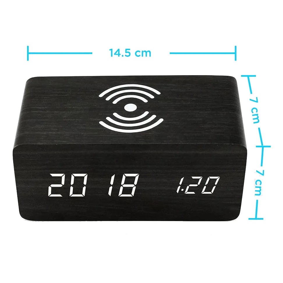Wooden Phone Charger & Digital LED Alarm Clock in Black Wood