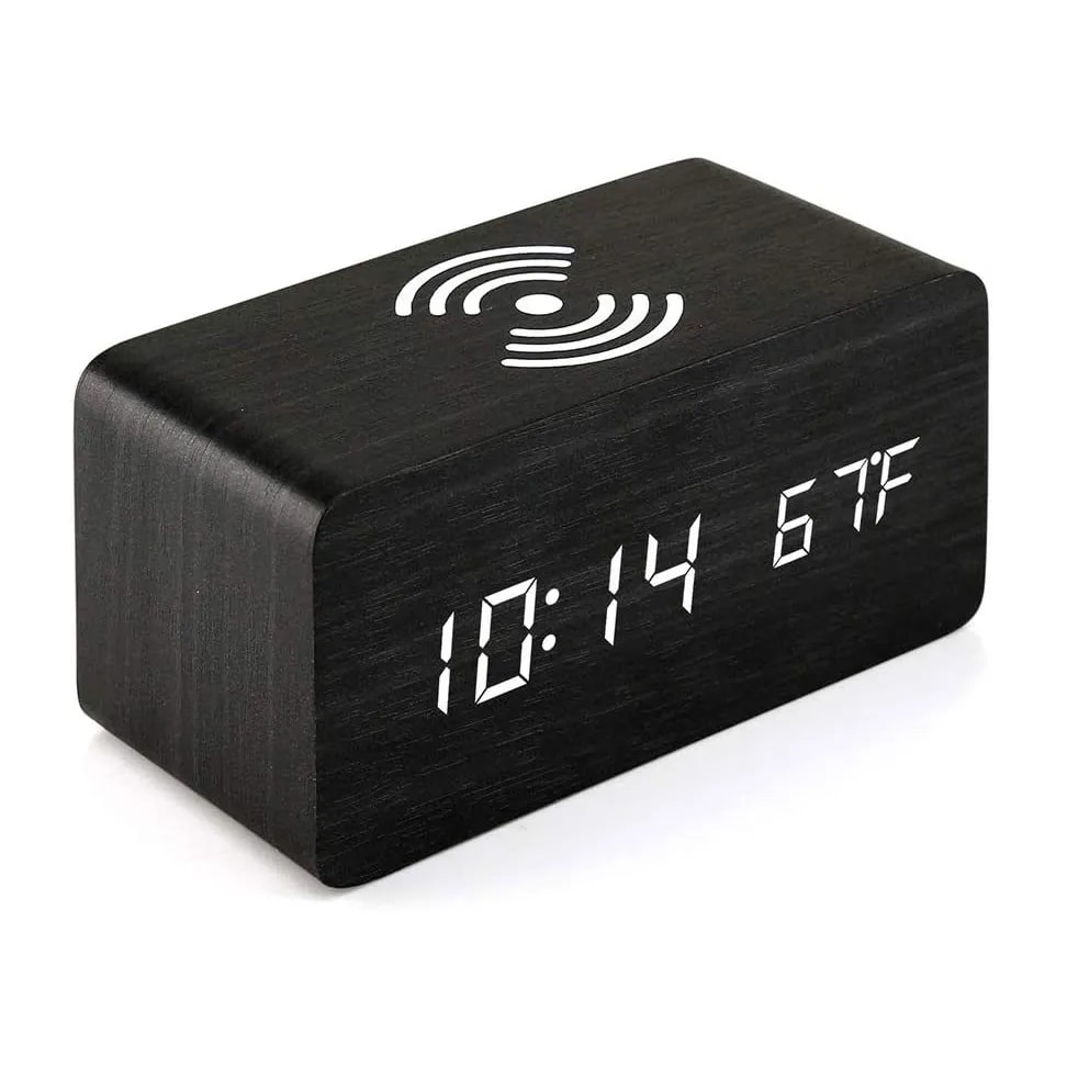 Wooden Phone Charger & Digital LED Alarm Clock in Black Wood