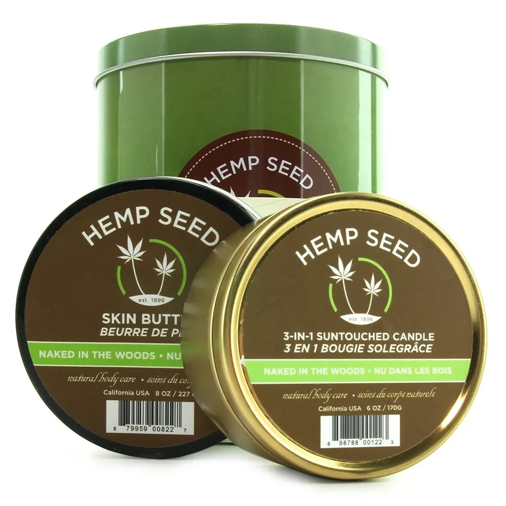 hemp seed holiday tin in naked in the woods
